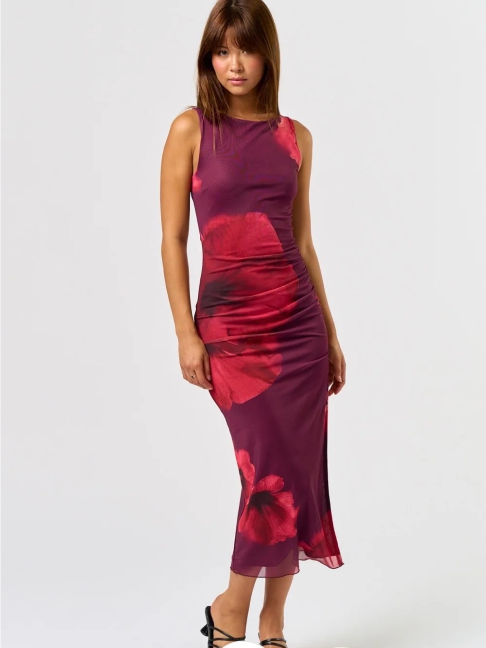 Simons Plum Midi Slip Dress with Red Floral Accents